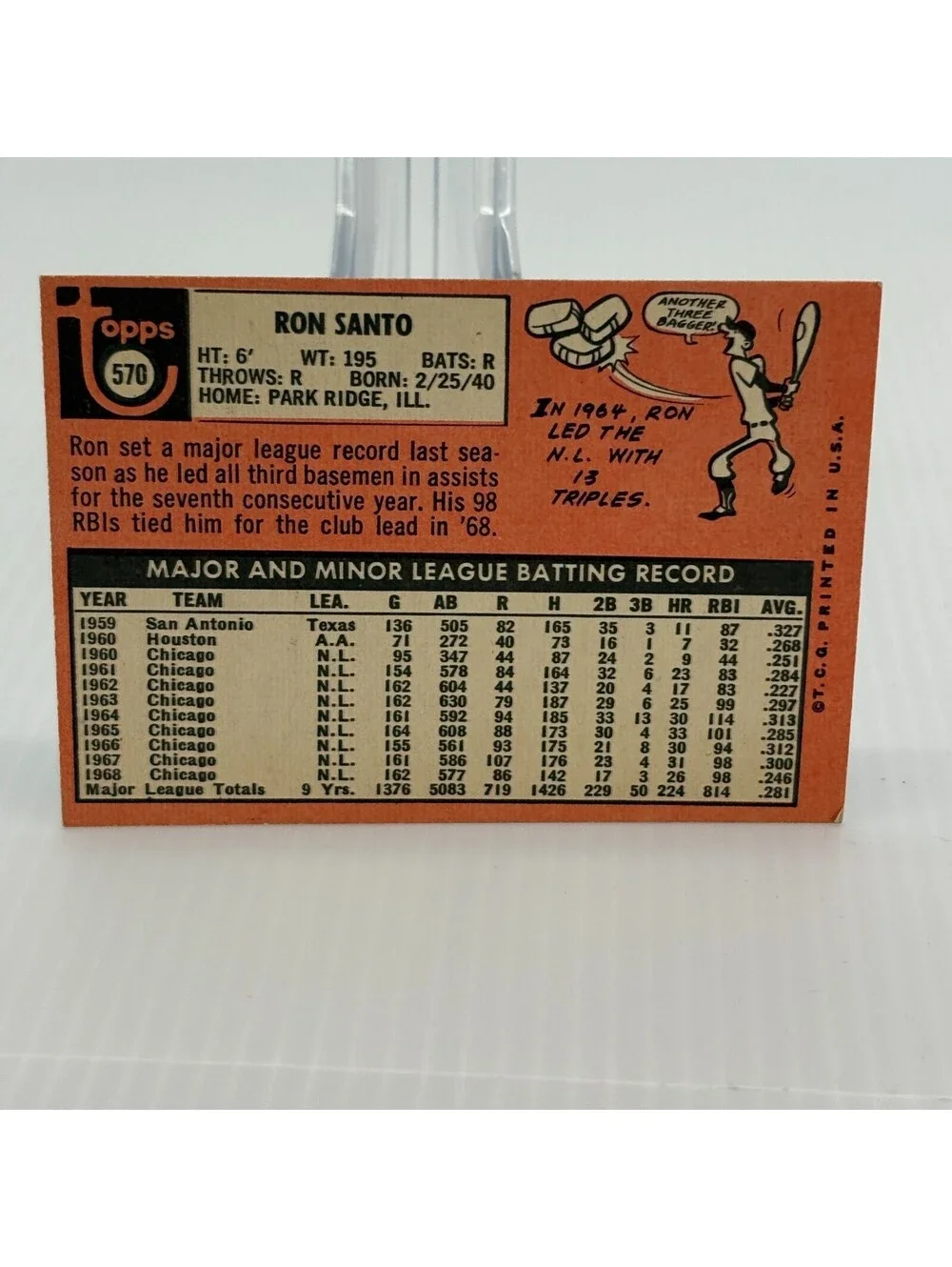 1969 Topps #570 Ron Santo Chicago Cubs Baseball Card Vintage MLB HOF Third Base
